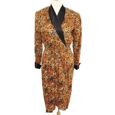 Vestido envelope falso vintage JACK MULQUEEN seda laranja e marrom estampa de chita tamanho 6 - Imagem 1 de 4