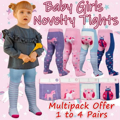 1 2 4 Pairs Baby Girls Tights Cotton Anti Slip Grip Unicorn Ladybird 0-24 Months - Image 1 of 2