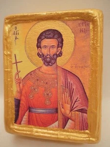 Arte raro icono ortodoxo griego oriental de San Eugenio sobre madera de pino de 3,5 cm de grosor - Imagen 1 de 8