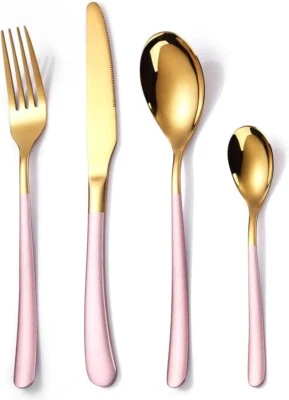 Set Argenteria Posate Design Acciaio Inossidabile Cucina Casa Rosa E Oro - Immagine 1 di 4