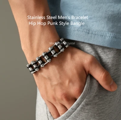 Stainless Steel Mens Bracelet Hip Hop Punk Style Bangle Heavy Duty Wrist Chain - Image 1 of 4