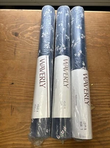 Lot 3 Waverly Wallpaper Rolls Navy Floral Daisy Pre-pasted 20 1/2” x 14 yds NIP - Picture 1 of 10