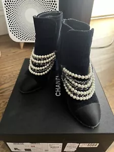 Chanel Navy Corduroy Pearl Booties Size 37.5 - Picture 1 of 11