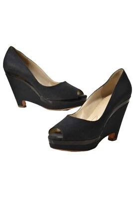 Bomba de plataforma JIL SANDER de lino azul marino con tacón de cuña punta abierta de la década de 1990 7 EE. UU. Italia Foto 1 de 4