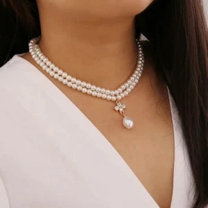 Double Strand Crystal Cluster Pearl Necklace Drop Pendant Choker - Picture 1 of 6