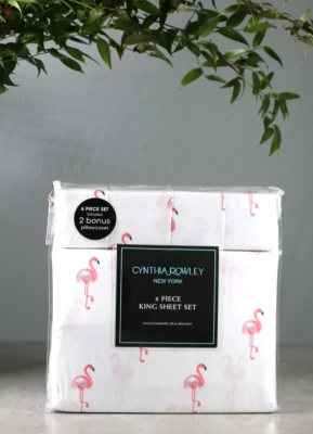 Juego de sábanas Tropical Flamingos King 6 piezas Cynthia Rowley ajuste profundo fácil cuidado Foto 1 de 4