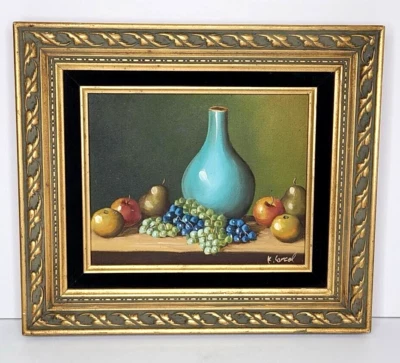 Pintura al óleo original de colección naturaleza muerta fruta y jarrón sobre mesa marco dorado firmado Foto 1 de 4