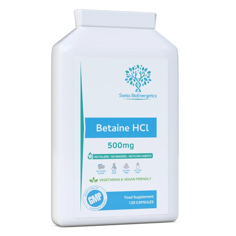 SWISS BIOENERGETICS Betaine HCl 500mg per Capsule - 120 Vegan Capsules