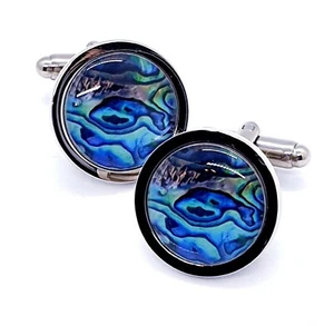 Unique ABALONE SHELL CUFFLINKS chrome CUFFS ocean BLUE SEA GREEN suit PAUA smart - Picture 1 of 1