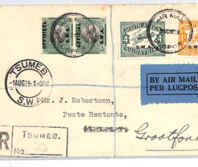 SOUTH WEST AFRICA Air *OFFICIAL/SWA* Overprint PAIR Cover 1931 TSUMEB Reg YJ181 - Image 1 of 4