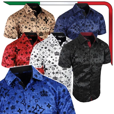 Mens Short Sleeve Shirt Black Velvet Italian Logo Striped Flip-Cuff Slim Stretch - Image 1 of 4