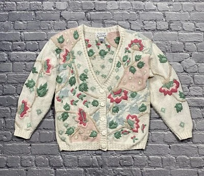 复古 Izod 手工针织开衫女式 S 厚 3D 毛衣花卉 Cottagecore — 第 1/4 张图片