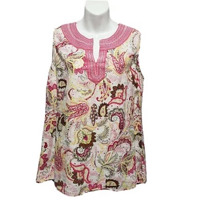 SAINT TROPEZ WEST Women's Linen Sleeveless Embroidered Floral Top Size L Coastal - Picture 1 of 10