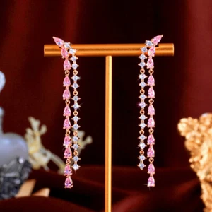 Charming CZ Pink Women Extra Long Ear Line Tassel Tennis Dangle Drop Earrings  - Picture 1 of 10