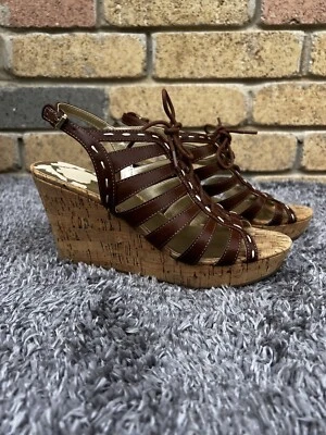 Guess brown leather gladiator lace up slingback cork platform wedges 8.M - Image 1 of 4