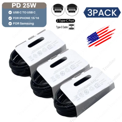 3x USB C to USB C Cable PD 25W Fast Charge Cord For Samsung iPhone 15 16 Pro Max - Image 1 of 4