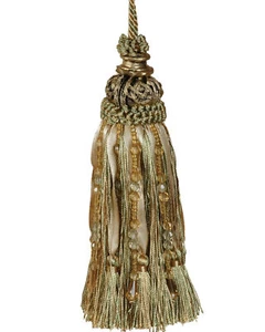 Tassel with Beads/Ribbons - GREEN/GOLD 17 cm - Picture 1 of 1