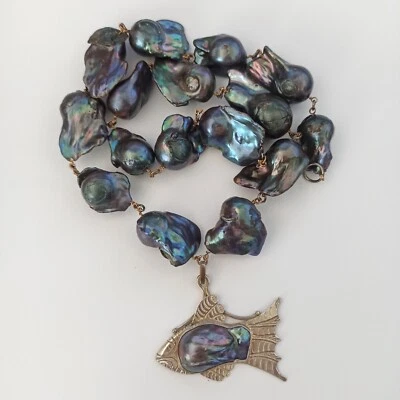 ÚNICO Collar de Perlas Barrocas Plata 925 Peces Grueso Iridiscente Declaración Bohemio Foto 1 de 4