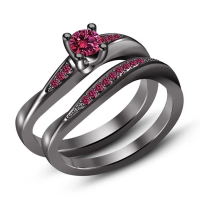 Juego de anillos de compromiso nupciales de zafiro creados en laboratorio redondos de 2 quilates de oro negro de 14 quilates Foto 1 de 2