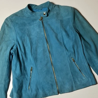 Chaqueta de moto de gamuza Lauren Ralph Lauren talla 14 azul azulado cremallera completa y bolsillos con cremallera Foto 1 de 4