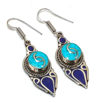 Türkis Lapislazuli Edelstein Ohrringe Tibetische Handarbeit Schmuck 2,4 Zoll ... - Bild 1 von 4