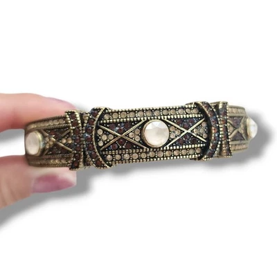 Heidi Daus Bangle Bracelet Hinge Old Gold Bronze White Crystal Age Of elegance  - Image 1 of 4