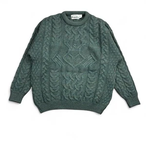 Aran Crafts Cableknit Sweater Men’s Large Green 100% Wool Fisherman Chunky Irish - Picture 1 of 10