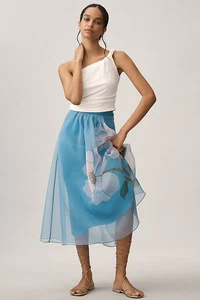 New Anthropologie Farm Rio Floral Organza Midi Skirt Blue Sky L $ 198 NWT - Picture 1 of 4