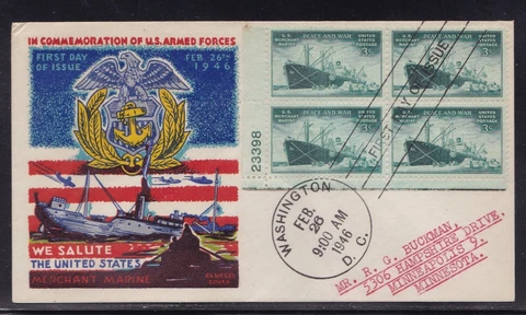 SCOTT 939 MERCHANT MARINE FIRST DAY COVER FDC FLUEGEL PLATE BLOCK ** OFFERS ** Cover