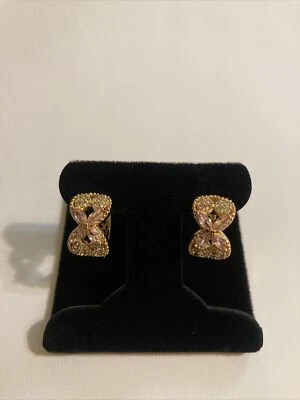 18k GF Pink Topaz White CZ Bow Dangle Hoop Earrings  - Image 1 of 4