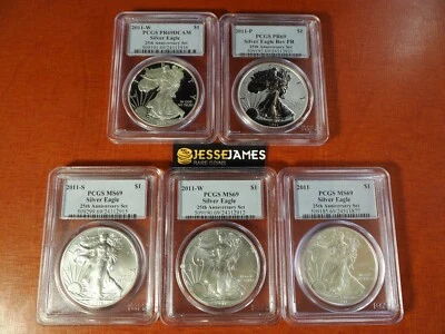 2011 P REVERSE PROOF SILVER EAGLE PCGS PR69 MS69 25TH ANNIVERSARY 5 COIN SET - Image 1 of 4