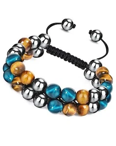 Triple Protection Bracelet Blue Tiger Eye Black Obsidian Hematite Men Bracelet - Picture 1 of 26