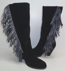Reba Size 7.5 COWGIRLY Black Suede Fringe Mid Calf Heels Boots New Women's Shoes - Picture 1 of 19