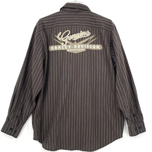 Harley Davidson Shirt Striped Embroidered Logo Long Sleeve Buttons Pockets Sz L - Picture 1 of 10