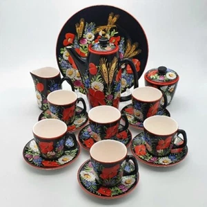 Vintage 1930er Chodovia slowakisches Kaffeeset Blumenmuster schwarz Topf Tassen Porzellan - Bild 1 von 24