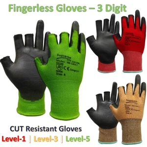 Fingerless cut resistant gloves Mechanical automotive 3 Digit PU Coated Grip - Picture 1 of 11