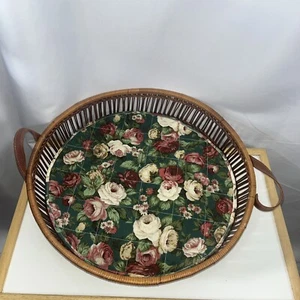 Vintage 70 Floral Roses Rattan Round Serving Tray Wicker Leather Handles - Picture 1 of 6