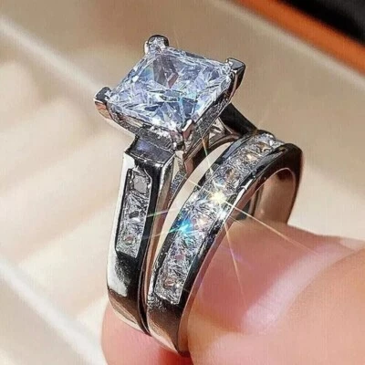 3 Ct Princess Cut Moissanite Bridal Set Engagement Wedding Ring 14k White Gold - Image 1 of 4