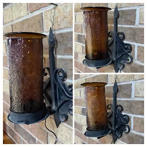Vintage Set 3 Iron Wall 1970s Light Sconces Spanish Gothic Amber Crackle Glass - Picture 1 of 20