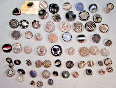 Vintage Glass Black Silver Cut Art Deco Pattern Sewing Button ( s ) Lot 60 - Image 1 of 4