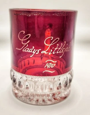 ANTIQUE Ruby Stained Souvenir Mug GLASS Gladys Littlejohn 1910 EAPG Pressed - Image 1 of 4