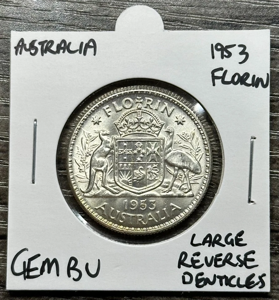 Australia 1953 Silver Florin Large Reverse Denticles Variety GEM BU Flaw Error - Image 1 of 4
