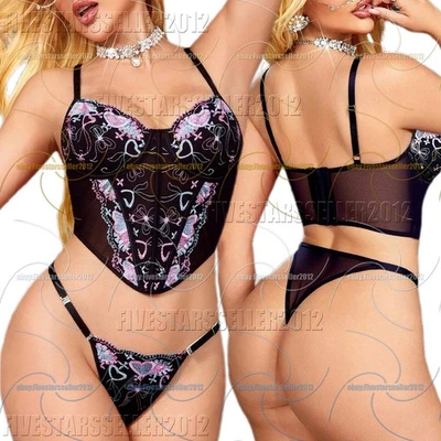 Mujeres Bustier Acero Deshuesado Corsé Top con Tanga Sexy Lencería Conjuntos Satén Ajustador Foto 1 de 4