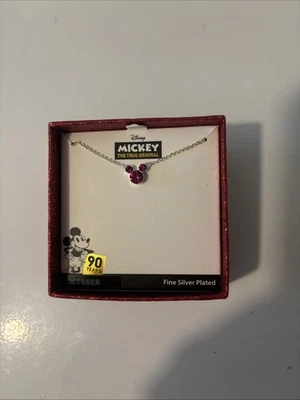 Disney Mickey Mouse Pink Crystal Silver Plated Necklace Dainty New in Box - Image 1 of 4