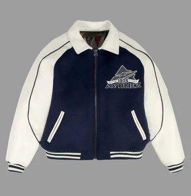 Men’s Avirex Navy Blue Classic Wool Leather Varsity Jacket American Bomber Style - Image 1 of 4