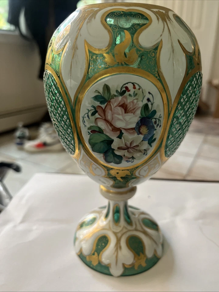 Vintage Moser Art Glass-Green egg  Shape Vase With Enameled Flowers - Image 1 of 4