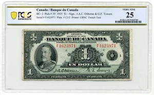 1935 $1 Banque du Canada, BC-2, FRENCH - Very Fine, PCGS VF25 - Picture 1 of 2