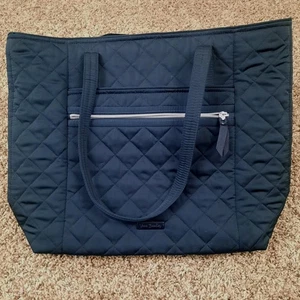 EUC Vera Bradley Black Quilted Tote bag large Shoulder Bag Purple Daisy Interior - Picture 1 of 4