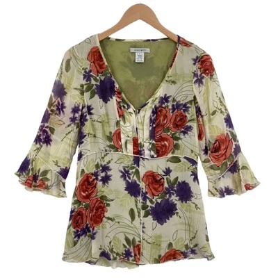 Nine West Blouse Top Womens Size 8 Multicolor Floral 100% Silk V Neck Pullover - Image 1 of 4
