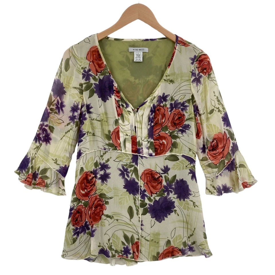 Blusa Top Nine West Mujer Talla 8 Multicolor Floral 100% Seda Cuello en V Pullover Foto 1 de 4
